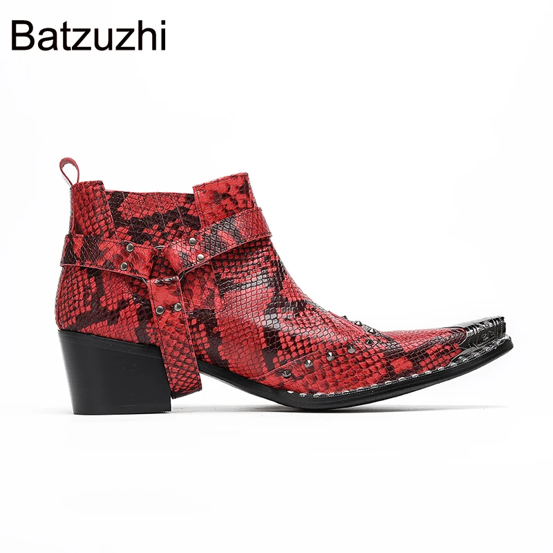 ¡Batzuzhi botas rojas de vaquero para hombre, botines de cuero con punta de Metal, botas cortas de moda sin cordones para hombre, tacones de 6,5 cm!