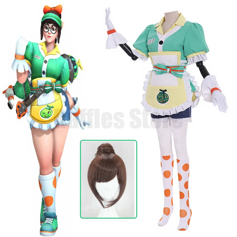 Gra Overwatch Mei Cosplay kostiumy Meiling Zhou peruka garnitur Fullset zielone ubrania Halloween karnawał strój dla kobiet dziewcząt