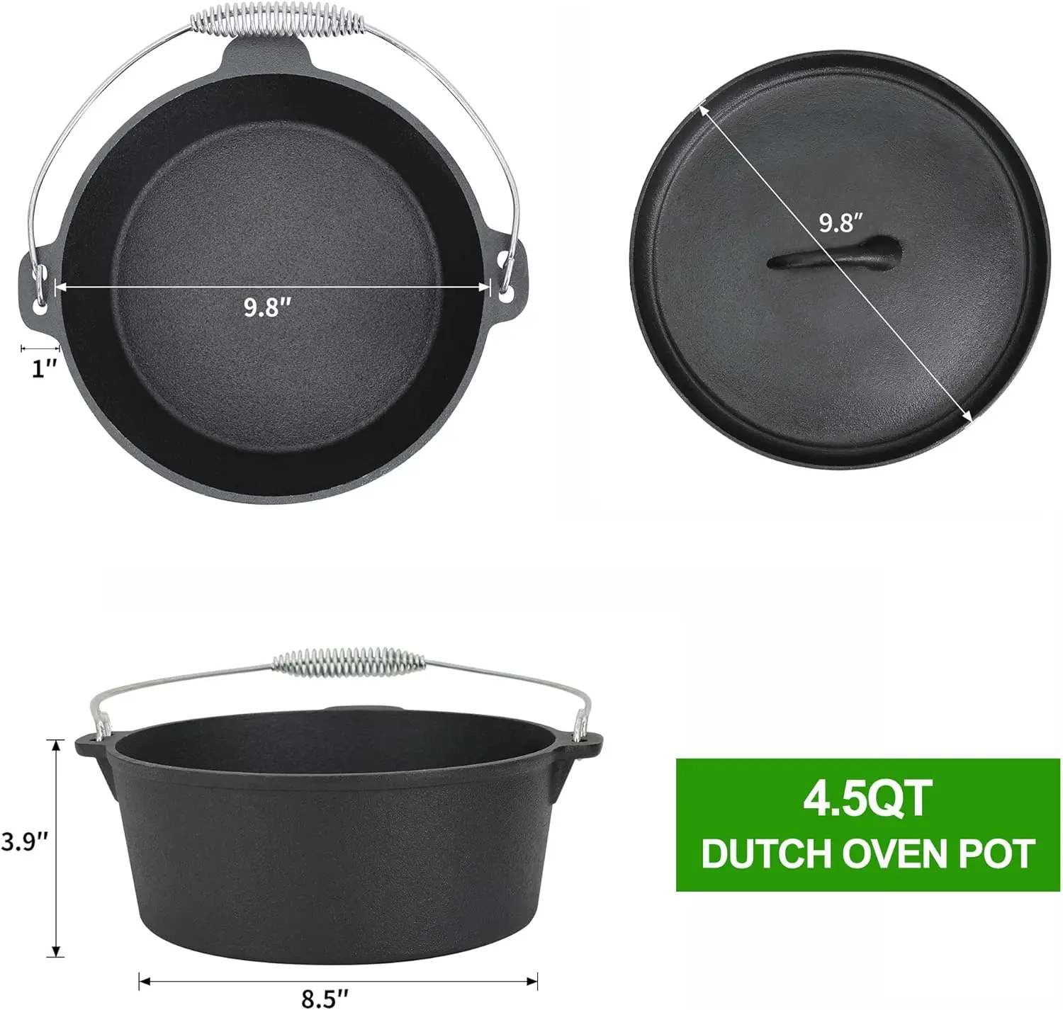 8 Piece Pre-Seasoned Dutch Oven Cooking Set Cast Iron Camping Kitchen Cookware  Skillets & Square Grill Pan