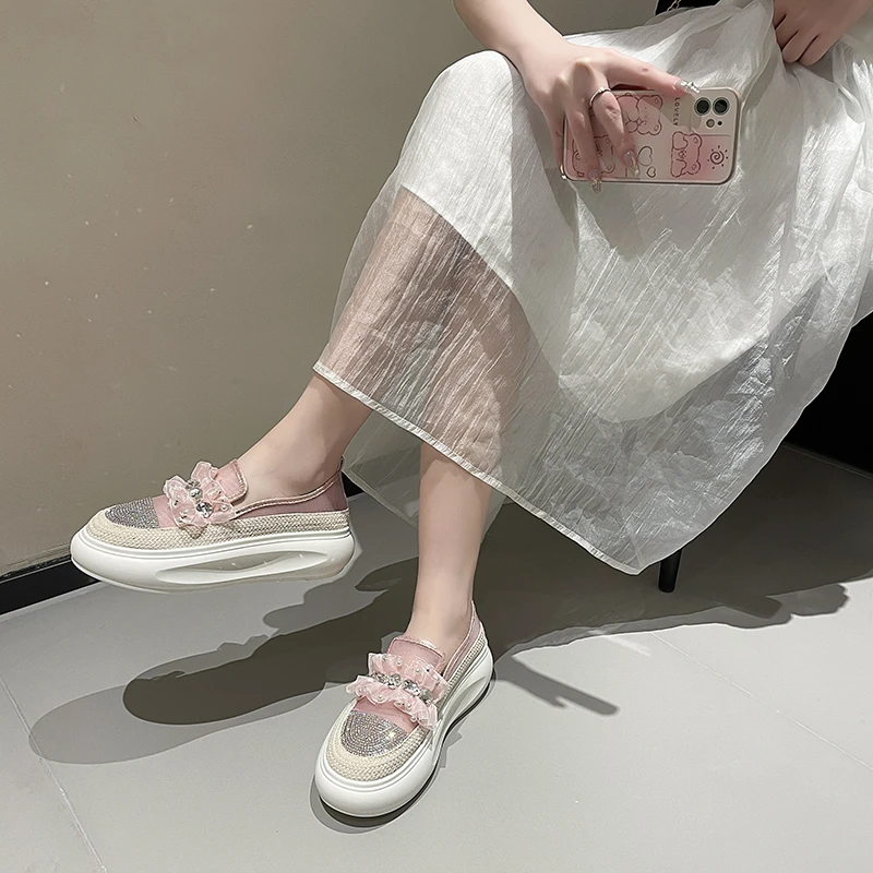 Casual Sneakers Crystal Lace Flats Platform Shoes Women Sports Walking 2024 New Summer Sandals Thick Designer Running Lady Shoes