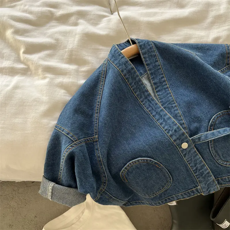 Baby Boy Coat New Small and Medium Children Coat Tie Cotton Denim Jacket Comfortable Casual Oxford Sky Blue Denim Coat Top