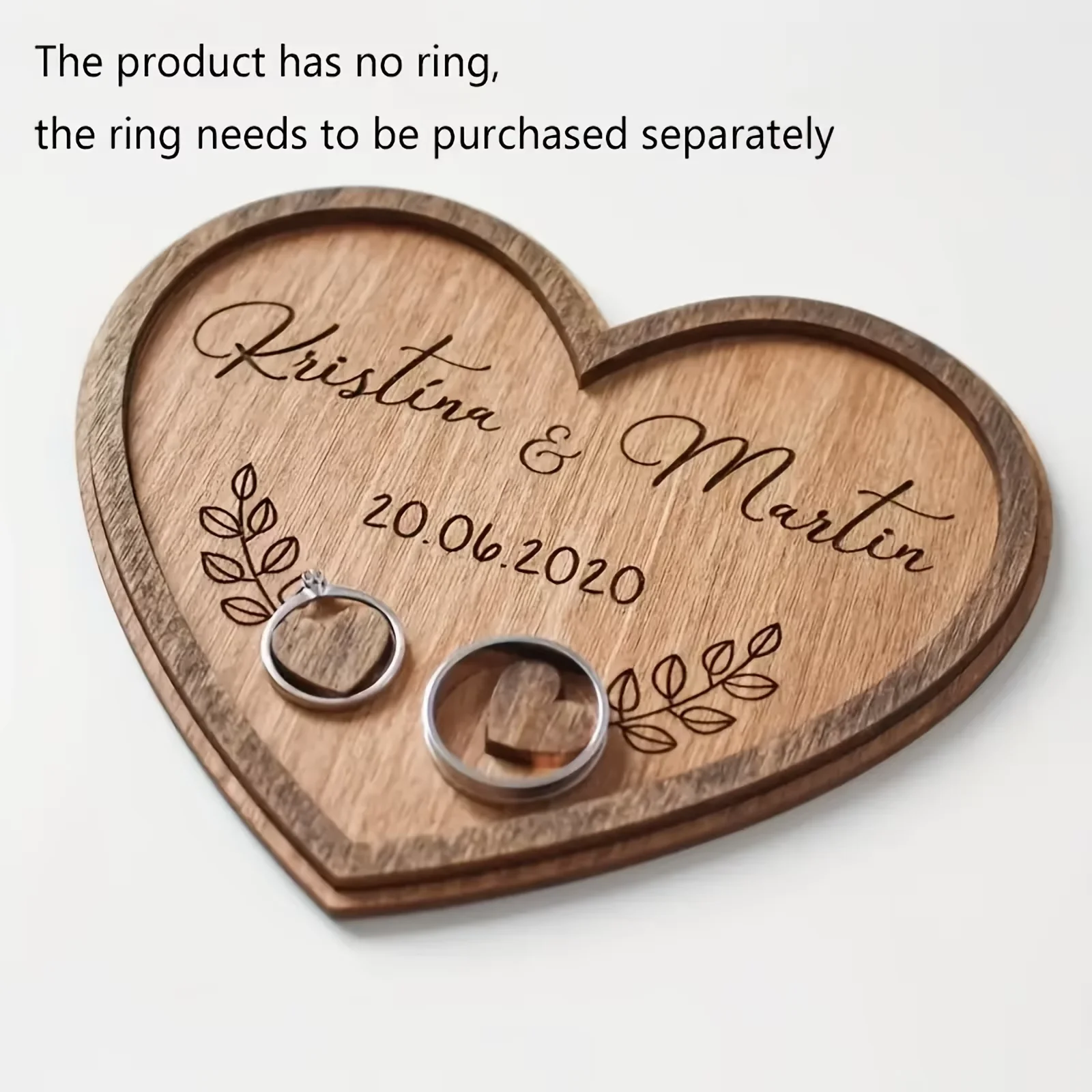 Wooden Wedding Ring Holder - a Heart-Shaped Ring Pillow for Ceremonies, Engraved with The Couple'S Names