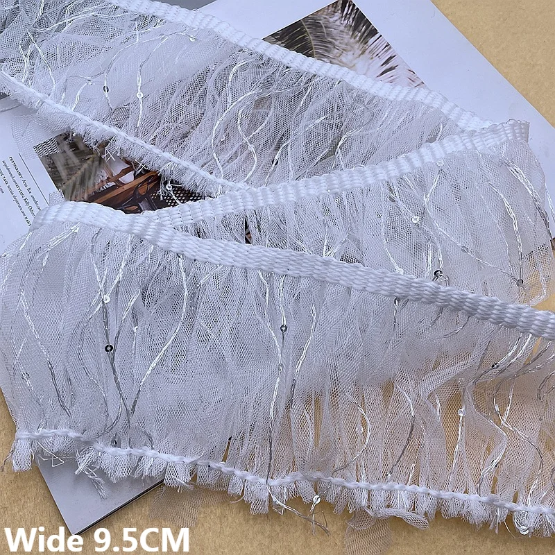 Paillettes argentées en maille blanche pour robe de mariée, pompon en dentelle, ruban à franges, rideaux à ourlet, bricolage, décoration de couture, largeur 9.5cm