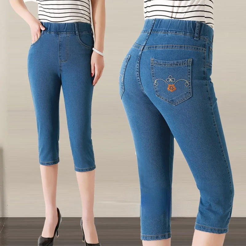 Summer Denim Capris Women High Waist Pocket Stretch Skinny Jeans Woman Fitness Leggings Korean Fashion Slim Short Straight Pants