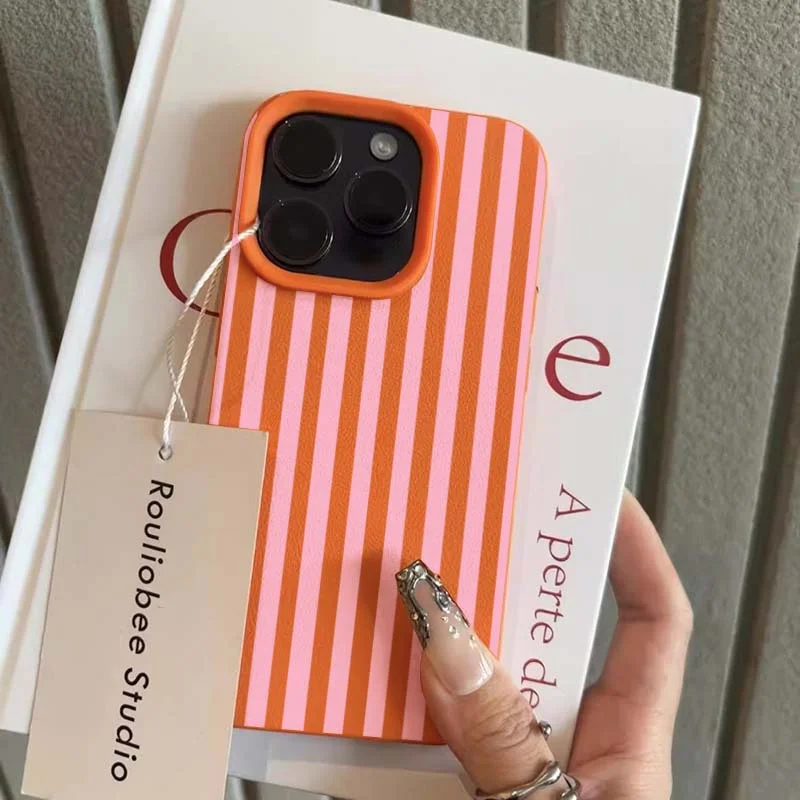 Fashion Striped Faux Leather Case For iPhone 17 Air 16 E 15 14 Plus 13 12 11 Pro Max XS Max Soft Slim Cover