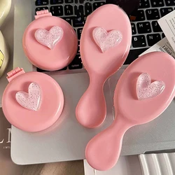 Cute Pink Love Folding Massage Comb Head Massage Air Cushion Comb Anti-Static Portable Travel Girl Hair Combs With Mirror