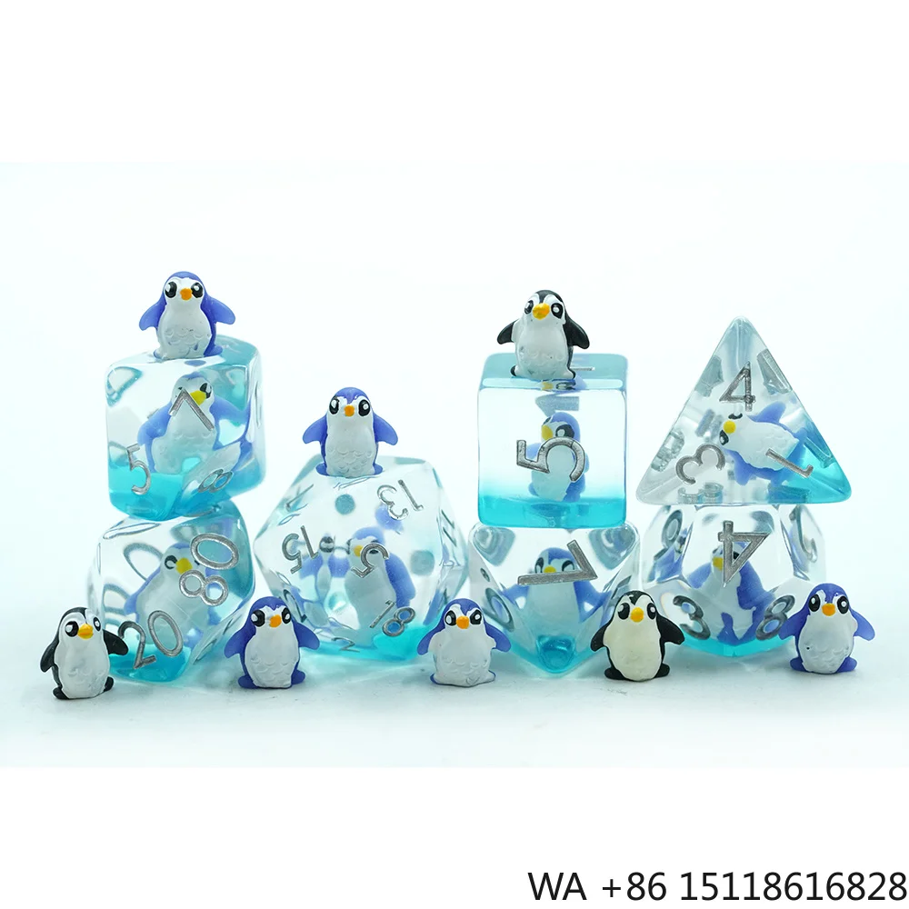 Blue Penguin Inside Transparent Resin Dice Set for D&D Games for Dragons and Dungeons Style