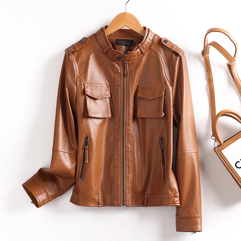 

New Women Split Leather Jacket Spring Autumn Fashion Stand Collar Casual Biker Leather Coat Short Motorcycle Jacket Female