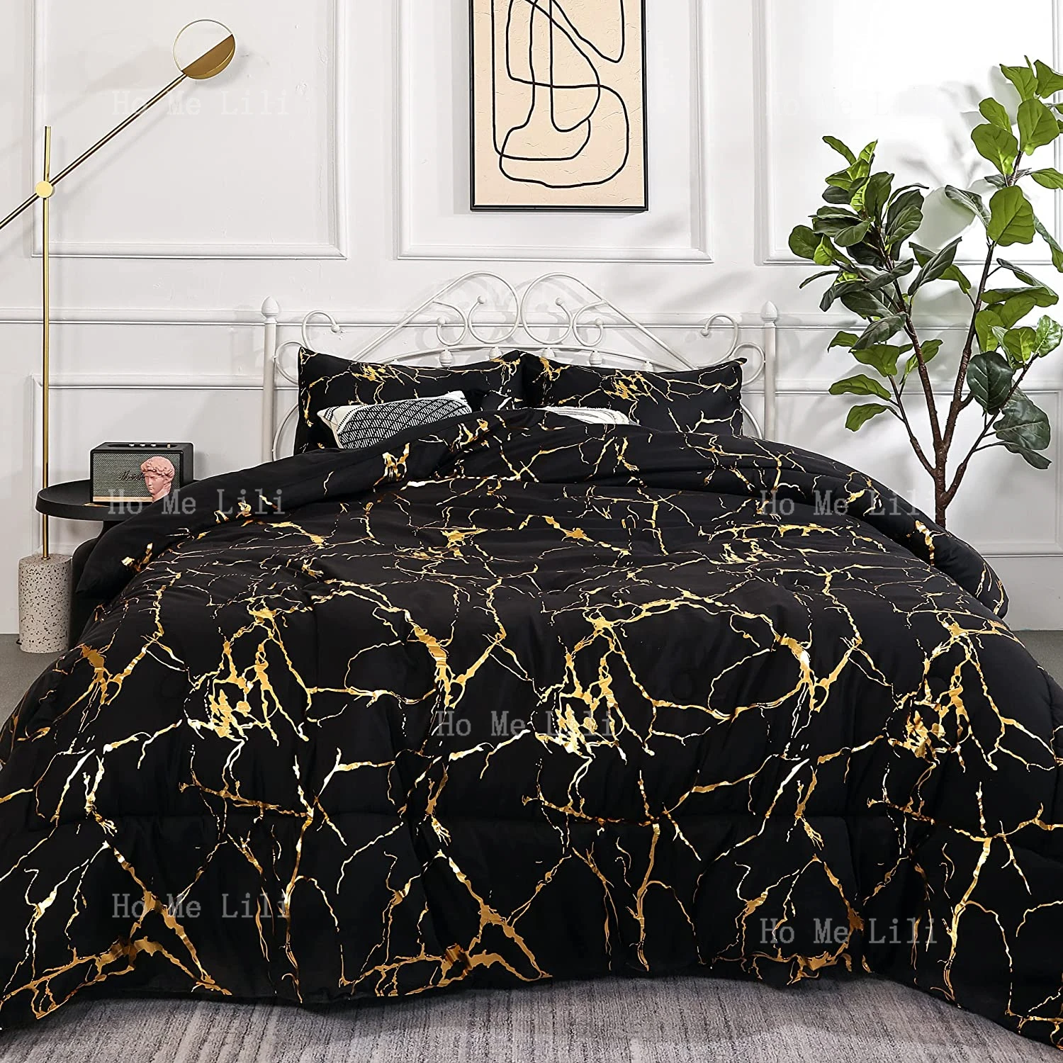 Marble Print Glitter Gold Bedding Deluxe Black Queen Male And Female Bedding 3-Piece Set