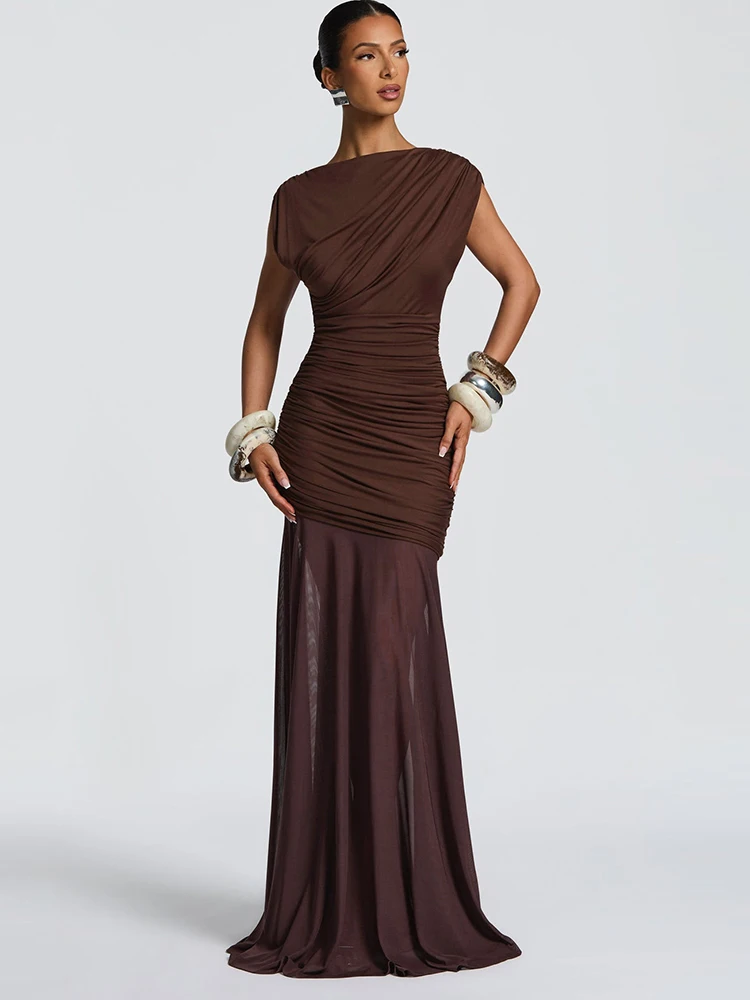 Sibybo Sheer Mesh Patchwork Elegante Vrouwen Maxi Jurk Sexy O Hals Mouwloos Gedrapeerde Ruches Slanke Bodycon Partywear Vrouwelijke Vestido