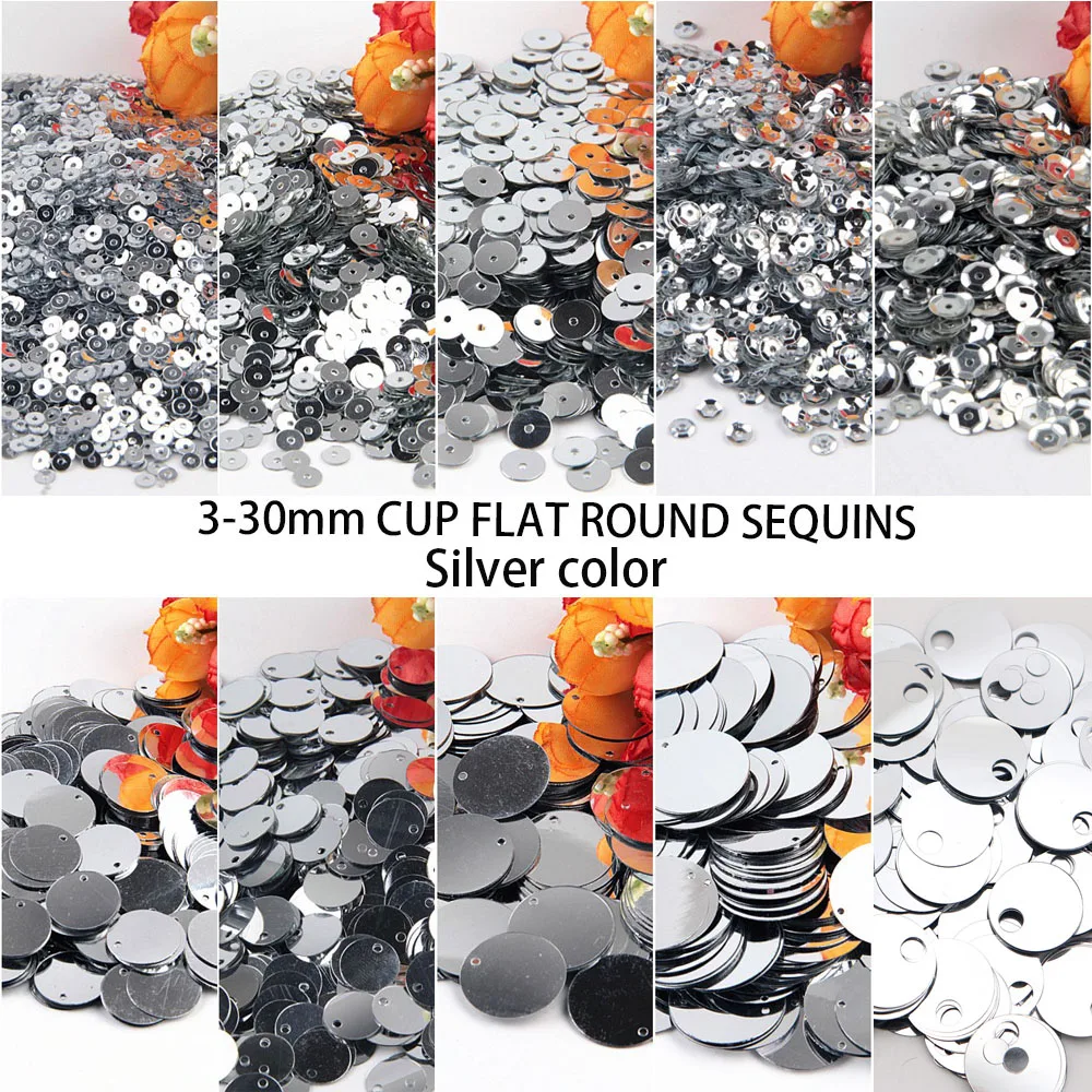 Paillettes rondes en PVC argentées, 3-30 mm, à grand trou, pour broderie, artisanat, couture, bijoux, accessoires de bricolage