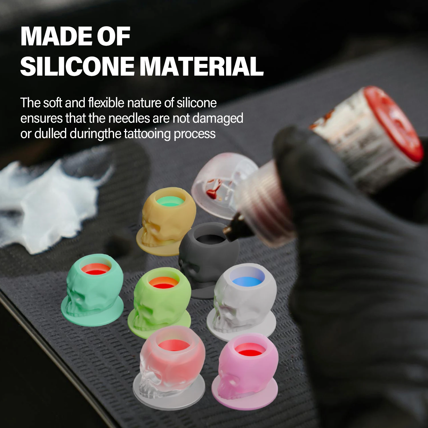 100Pcs Disposable Tattoo Silicone Skull Ink Cup Permanent Makeup Pigment Holder Container Cap Tattoo Ink Accessories for Artist