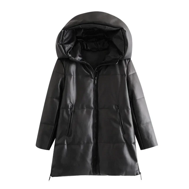 Fall Winter New Women\'s Jacket Thick Warm Faux Leather Parka Hooded Long Sleeve Coat for Women