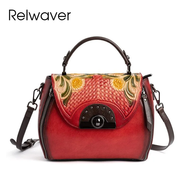 

Relwaver natural cow leather women messenger bags floral embossing shoulder bag 2024 spring summer small flap handbags for women