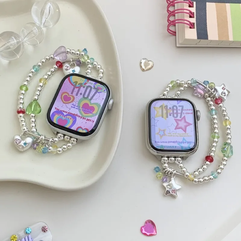 Bohemian Cute Sparkly Beaded Watch Strap for Galaxy Watch 7654 FE  Heart Star Bracelet Replacement Wristband for Garmin 20 22mm