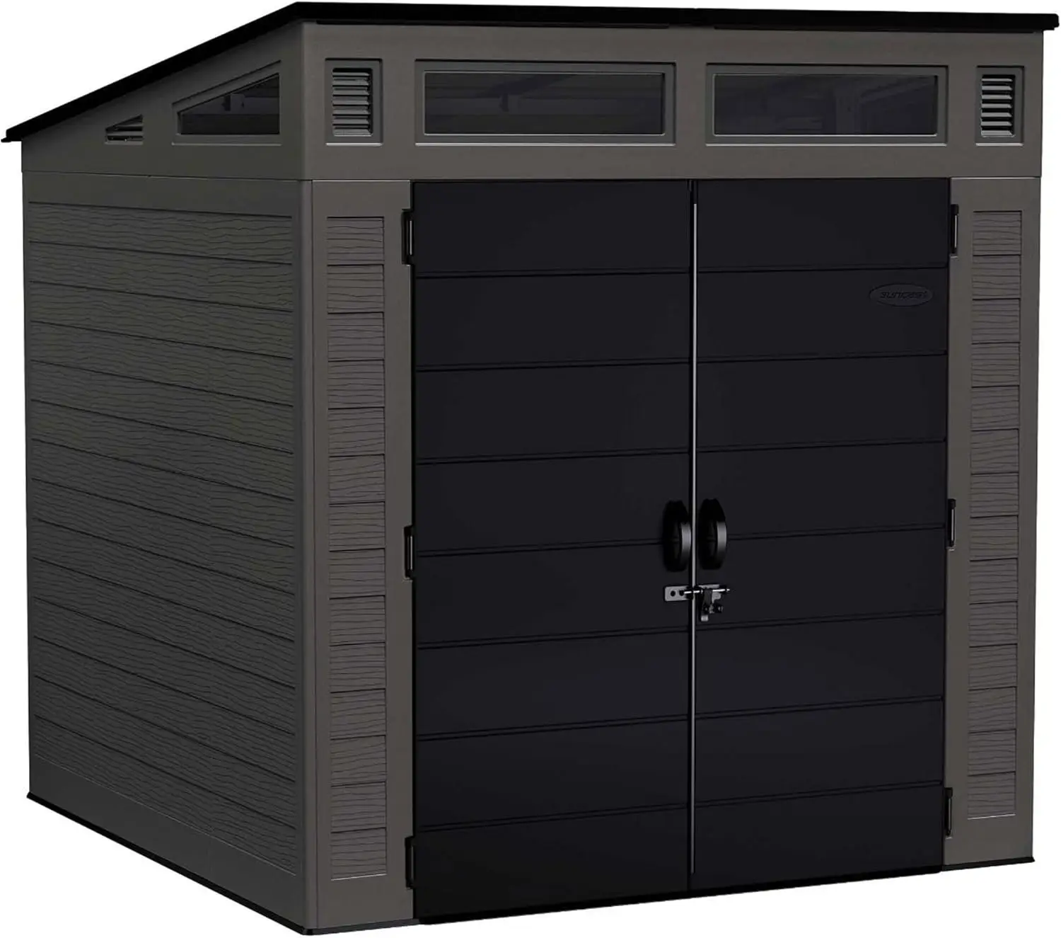 

Modern Outdoor Storage Shed, 200 cu. ft. Peppercorn Resin Plastic Shed for Lawn Mower, Bikes, Utility Tools, Patio, & Yard.