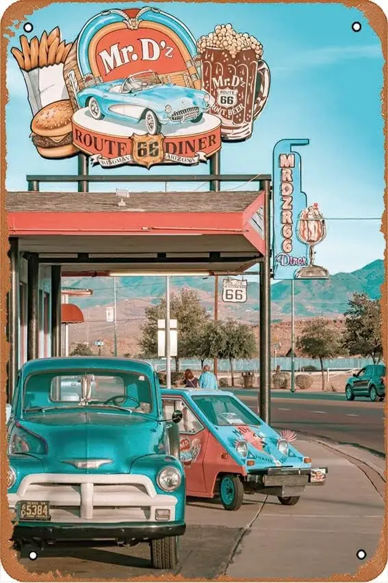 muecddoa Route 66 Diner Gloss Poster – Poster Vintage Tin Sign Metal Poster Plaque Retro Wall Decor Poster for Home Hotel C sign