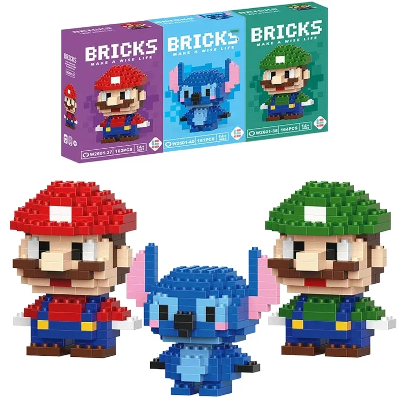 NEW Mini Super Mario Bros Figures Disney Stitch Building Blocks Cartoon Anime Pokemon Pikachu Assembled Bricks Toy Kids Gift