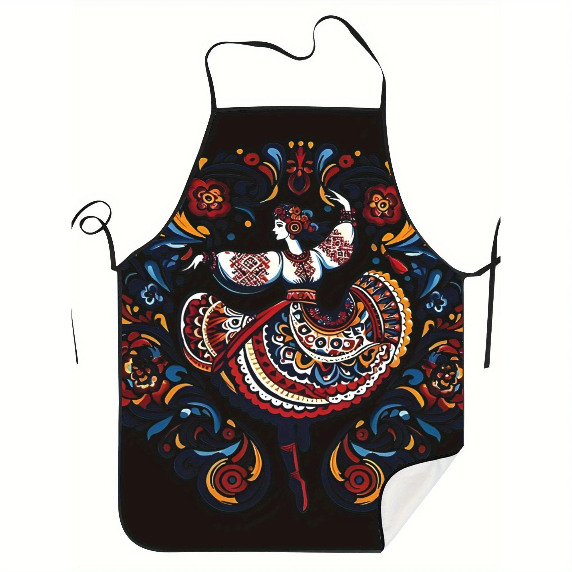 Ukrainian Dance Design Cooking Apron - Retro Style with Bright Floral Design on Dark Fabric, Sturdy Material for Household Kitch
