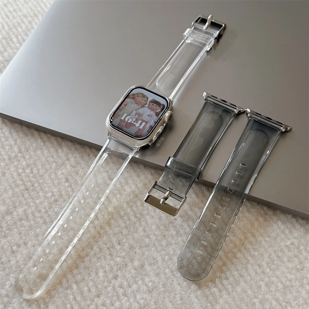 Cute Clear Band+Case Jelly Strap For Apple Watch 44mm 40 45 41 49 42 38 Korea Silicon Bracelet For Ultra Series 9 8 SE 7 6 5 4 3