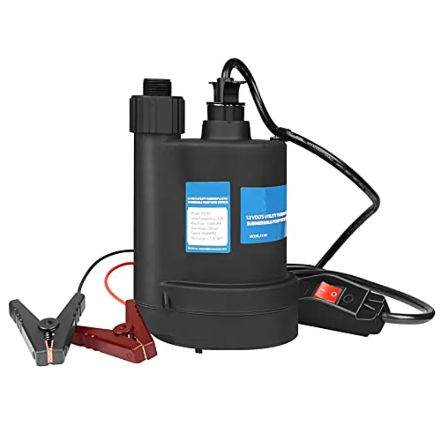 

Submersible water pump for sump and utility use, ABS plastic body, black color, 12V DC powered with integrated switch, 1500 GPH