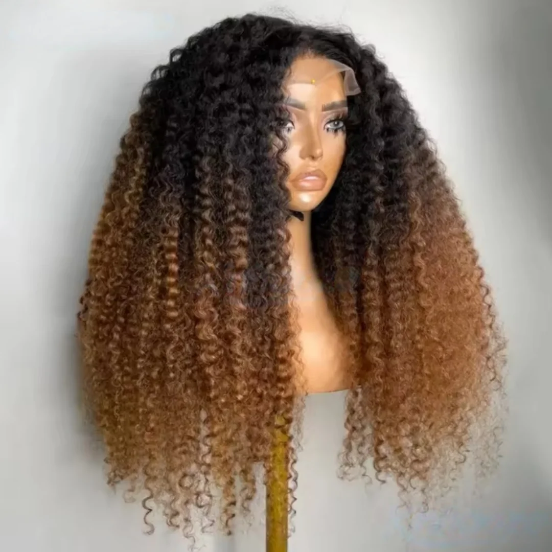 Glueless  26 Inch 180 Density Kinky CurlyOmbre Brown Natural Hairline Lace Front Wig for Women Synthetic Heat Resistant Daily