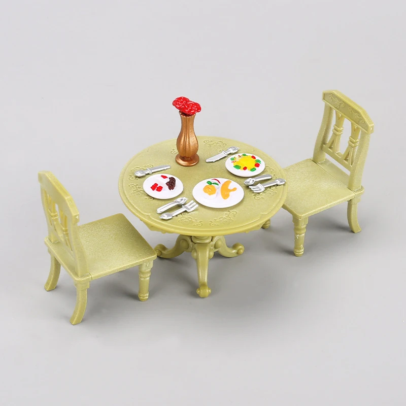 1/12 Dollhouse Miniature Double Table Chair Round Table Set Furniture Wooden Dining Table Chair Simulation Doll House Model Toys