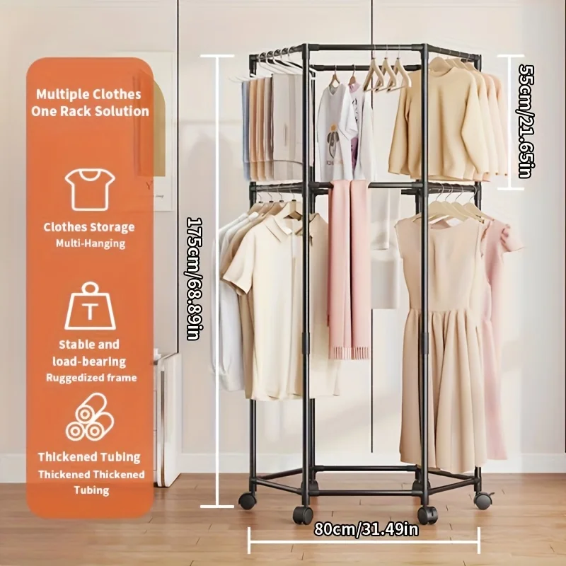 Hexagonal Rotating Clothes Rack with Wheels, Double-Layer Clothes Rack, Household Clothes Rack, Movable, Nail-Free Installation, Multifunctional, Thickened Design, Suitable for Any Place, Stable Independent Hanging Rack, Portable Design, Efficient Clothing Storage and Display, Black/White, Laundry Room Organizer |   Hexagonal Design |   Metal Structure