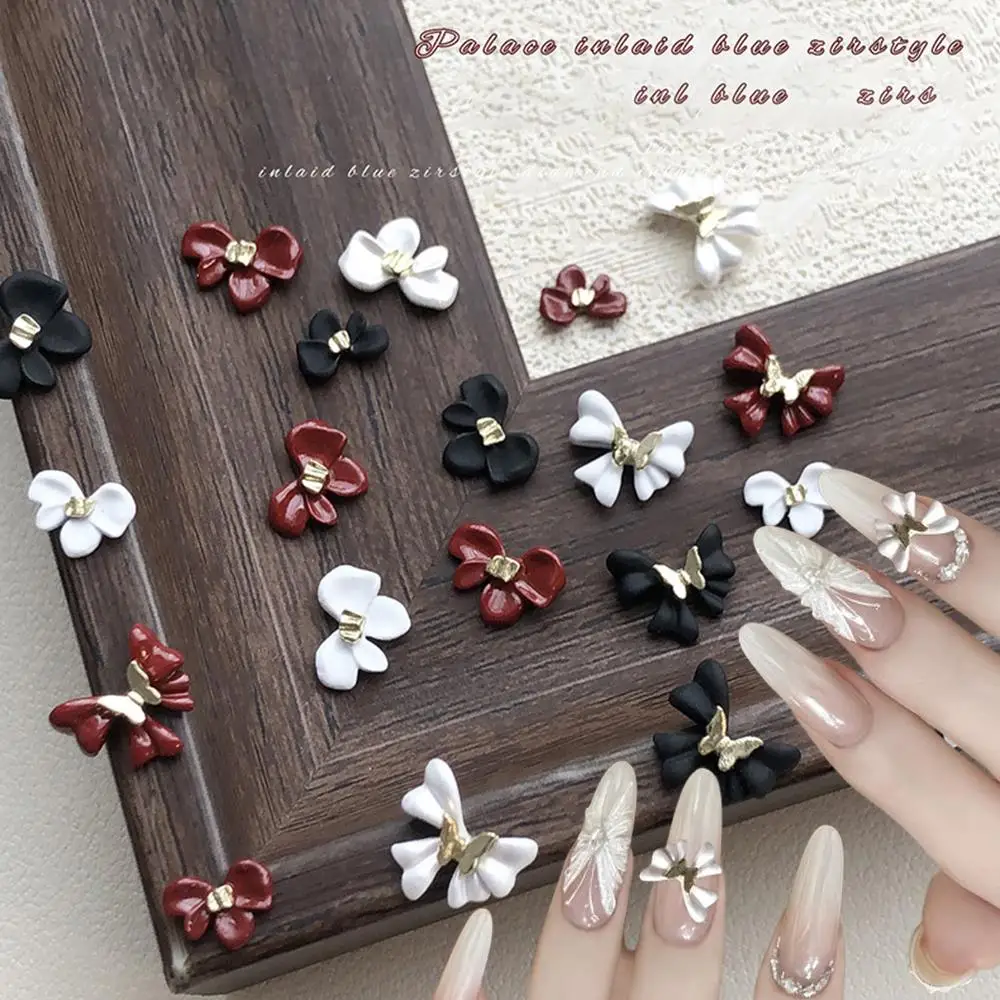 5pcs 3D Spray Painted Metal Bowknot Nail Charms 9*10mm Inlaid Butterfly Ribbon Nail Art Decorations Luxury Manicure Accessories