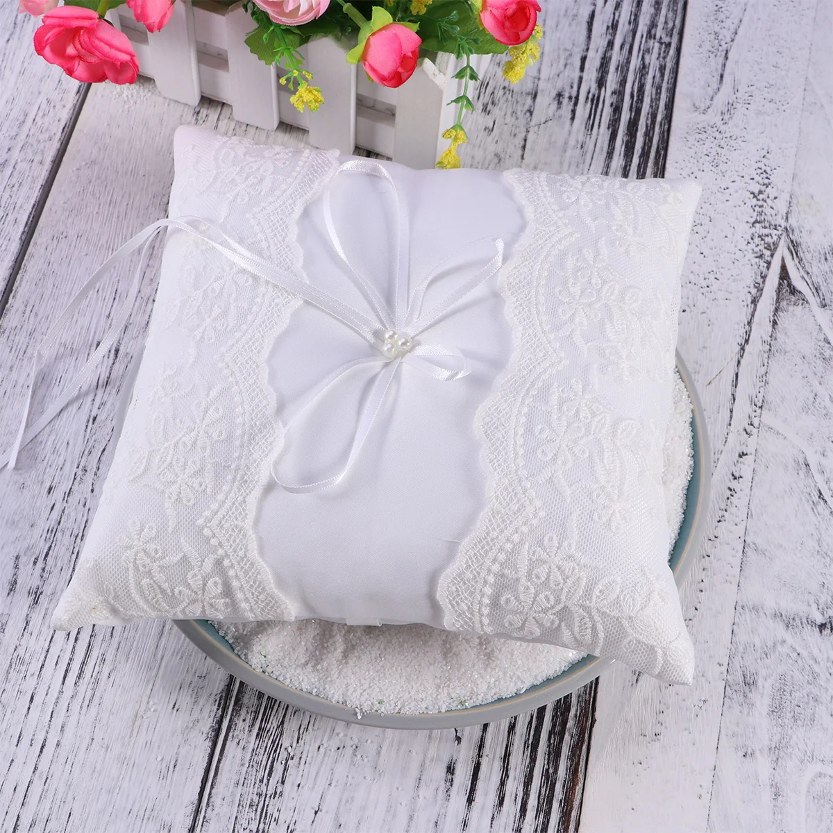 20X20Cm خاتم الزواج وسادة وسادة الزفاف الدانتيل اللؤلؤ مزين المدمجة حلقة حامل وسادة لحفل حفلة خطوبة