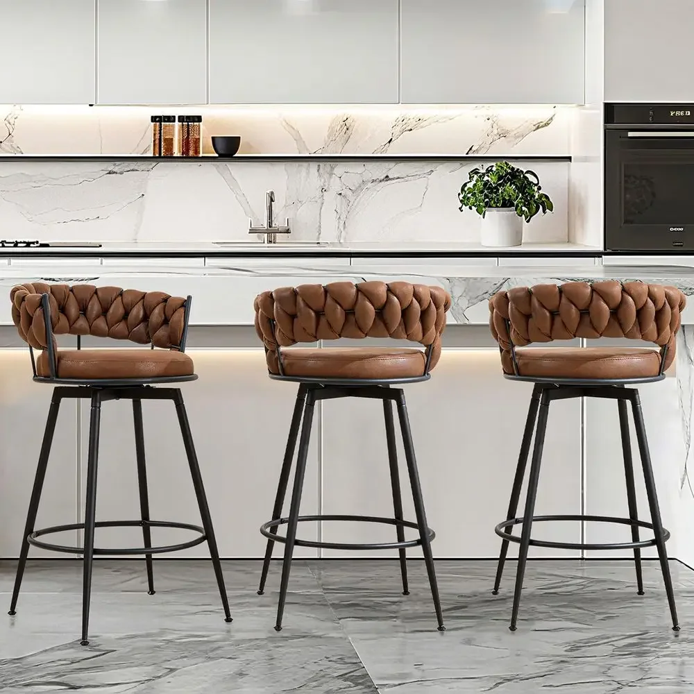

Bar Stools Set of 3, 28 Inch Counter Height Bar Stool with Metal Legs, 360 Swivel Barstools with Woven Back, Upholstered Suede,