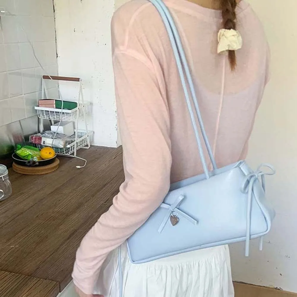 

Sweet French Stick Handbag Anti-splash Water Large Capacity Solid Color Underarm Bags Korean Style Bow Decoration