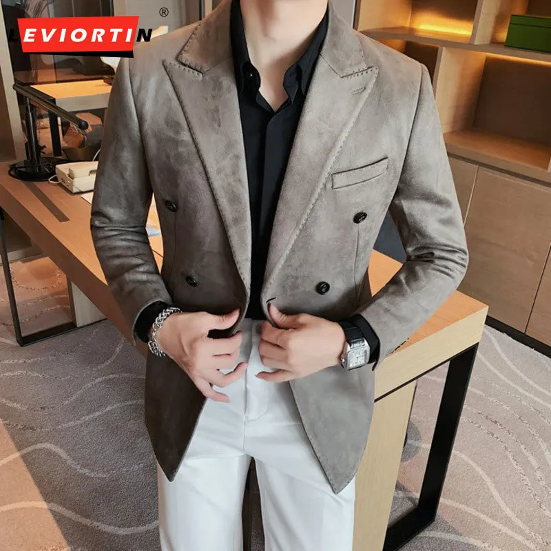 2024 Spring Korean Fit Solid Color Two Grain Double breasted Suit Brand Clothing Men\'s Suede Fabric Fit Fashion  Suit Jacket