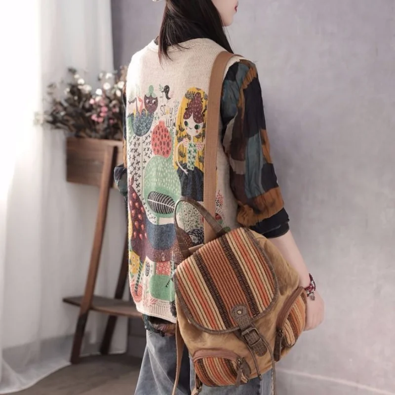 Vintage Women Sweaters Cardigan Vest Spring Autumn New V-neck Sleeveless Fashion Loose Female Korean Clothing Casual Tank Top