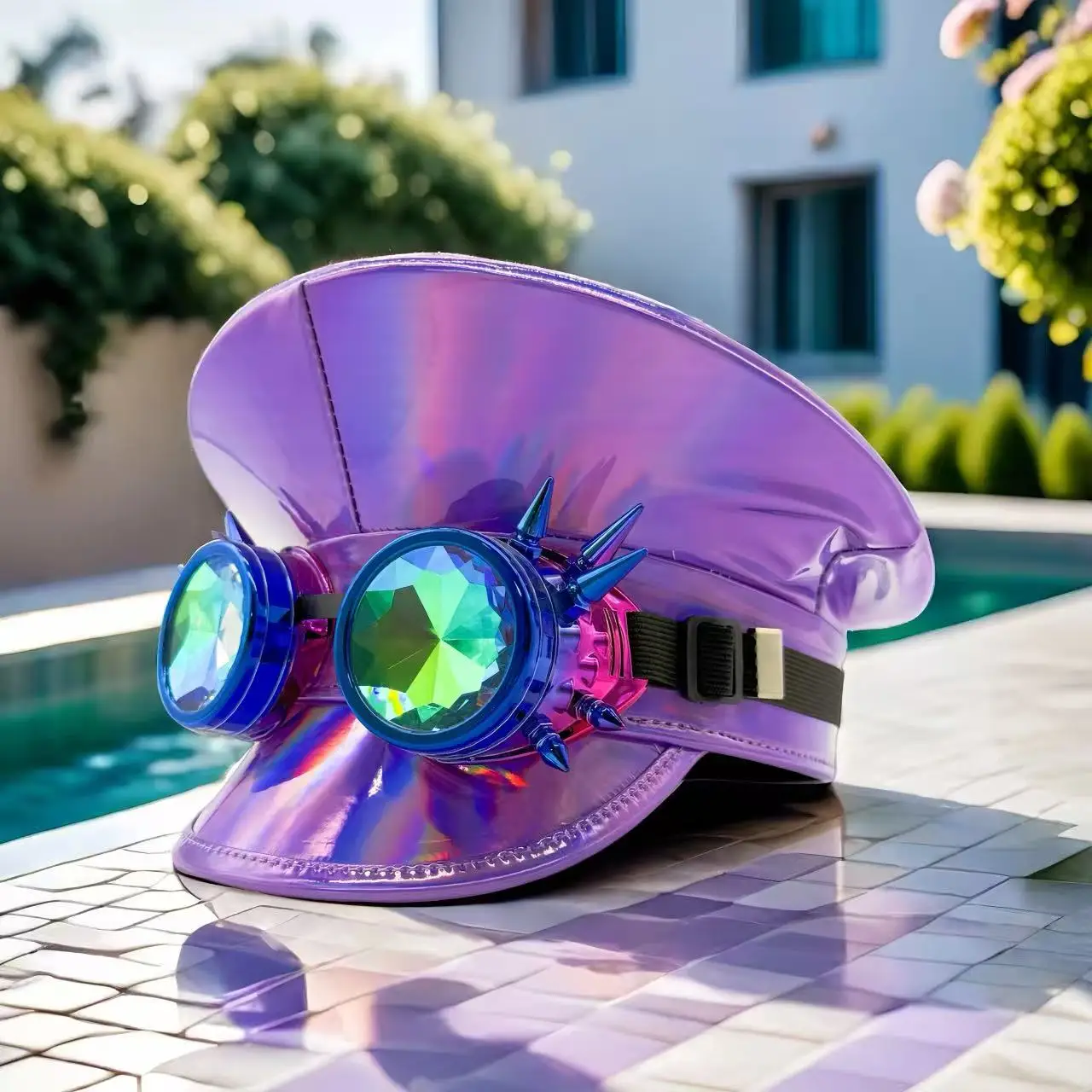 HongLuan  Laser Leather Captain Hat Rhinestone & Military Caps for Woman, Rave Festivals Accessories ＆ Party Cap Man Cosplay Fem