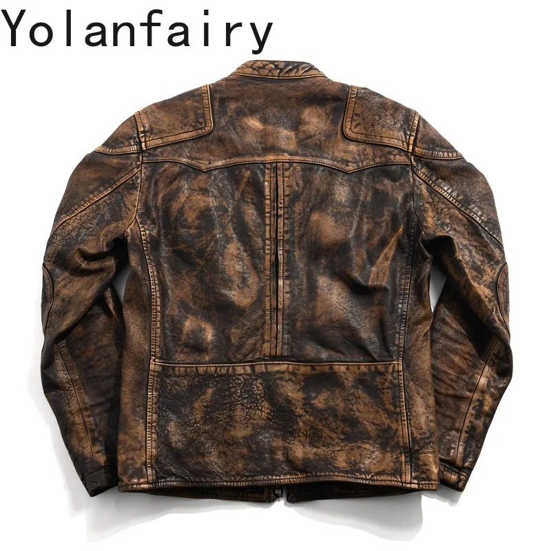 YOLANFAIRY Vegetable Tanned Sheepskin Coat Man 2026 Genuine Leather Jacket Men Retro Rubbed Distressed Wrinkle Jackets Outerwear