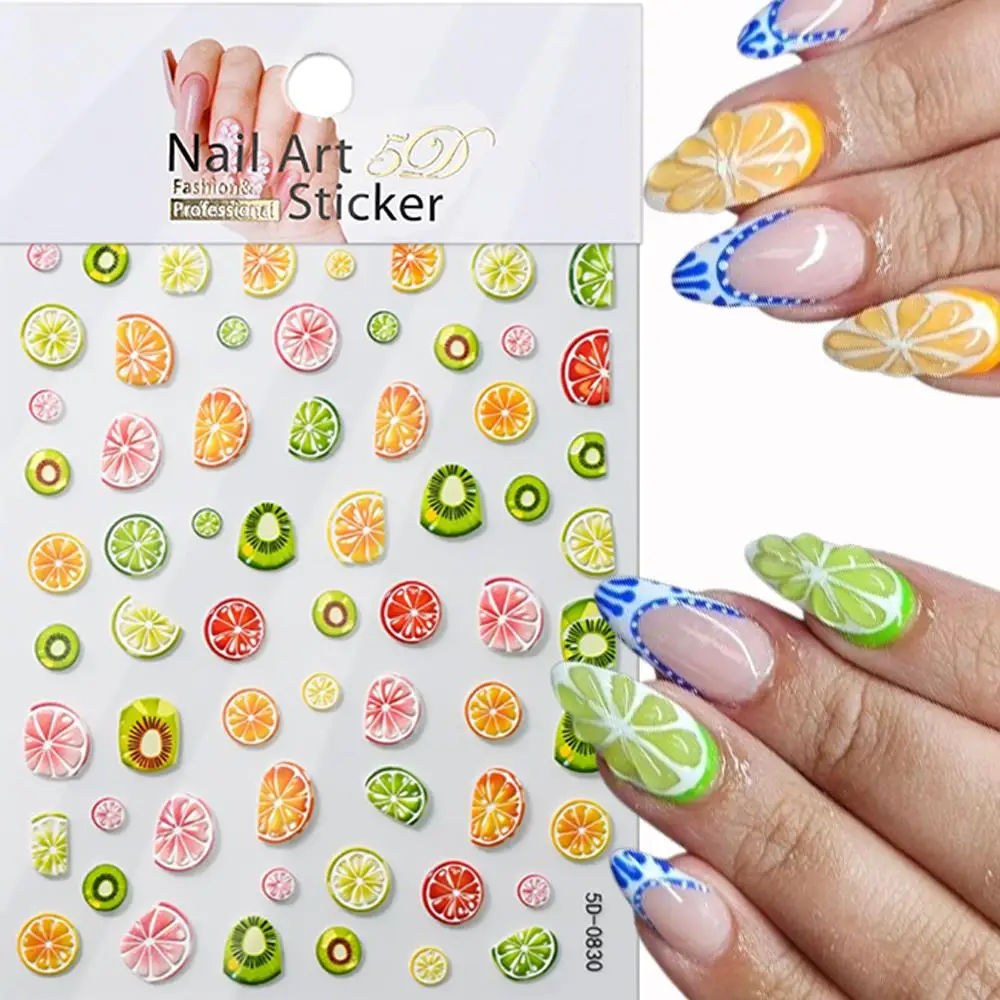 1Pcs 5D Embossed Orange Lemon Kiwi Nail Art Stickers Summer Citrus Fruit Slice Self Adhesive Nails Decals DIY Manicure Supplies