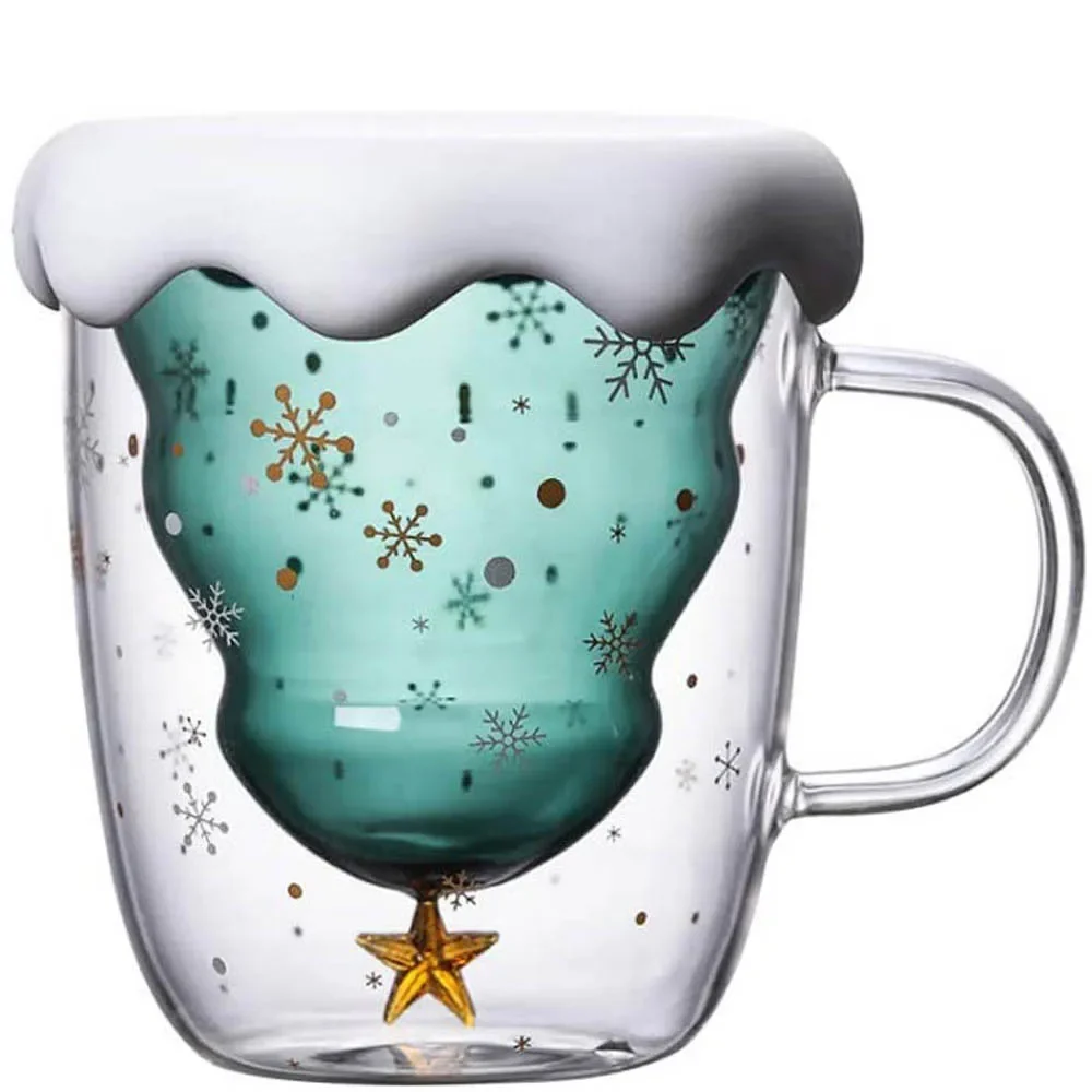 Double Glass Coffee Cup Mug Heat-resistant Glass Creative Star Wish Christmas Tree Shape Suitable for Women and Children Office