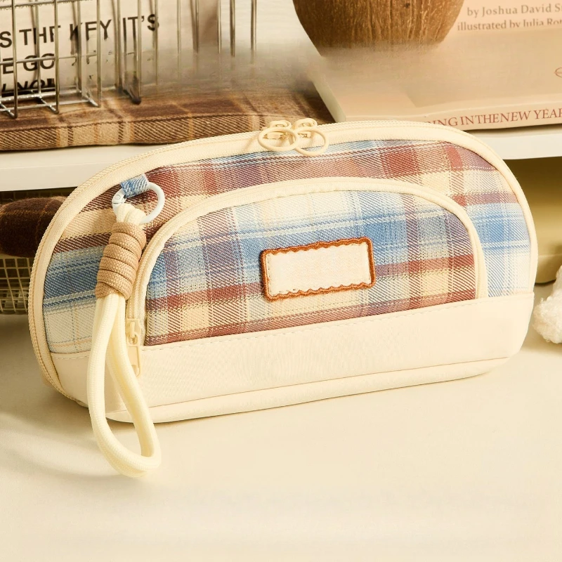 Plaid Magnetic Triangular Pencil Case Large Capacity Stationery Bag for Students School Office Travel