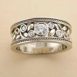 Chic Leaf Design Finger-ring Women Silver Color Crystal Cubic Zirconia Exquisite Female Accessories Party Fashion Jewelry