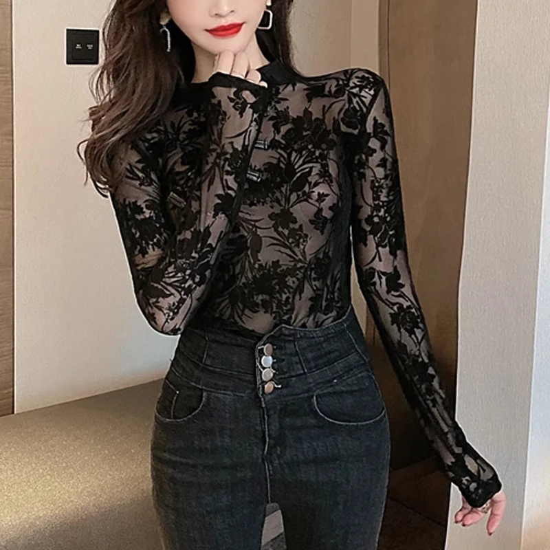 NEW Fashion Shirts and Blouses Lace Woman Long Sleeve Slim Turtleneck Black Sexy Top for Women See Through Clothes Y2k 11350