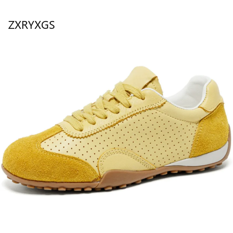 ZXRYXGS Big Size Top Cowhide Spell Color Hollow Full Real Leather Sneaker Breathable Light Comfort Flats Women Trendy Shoes 2026
