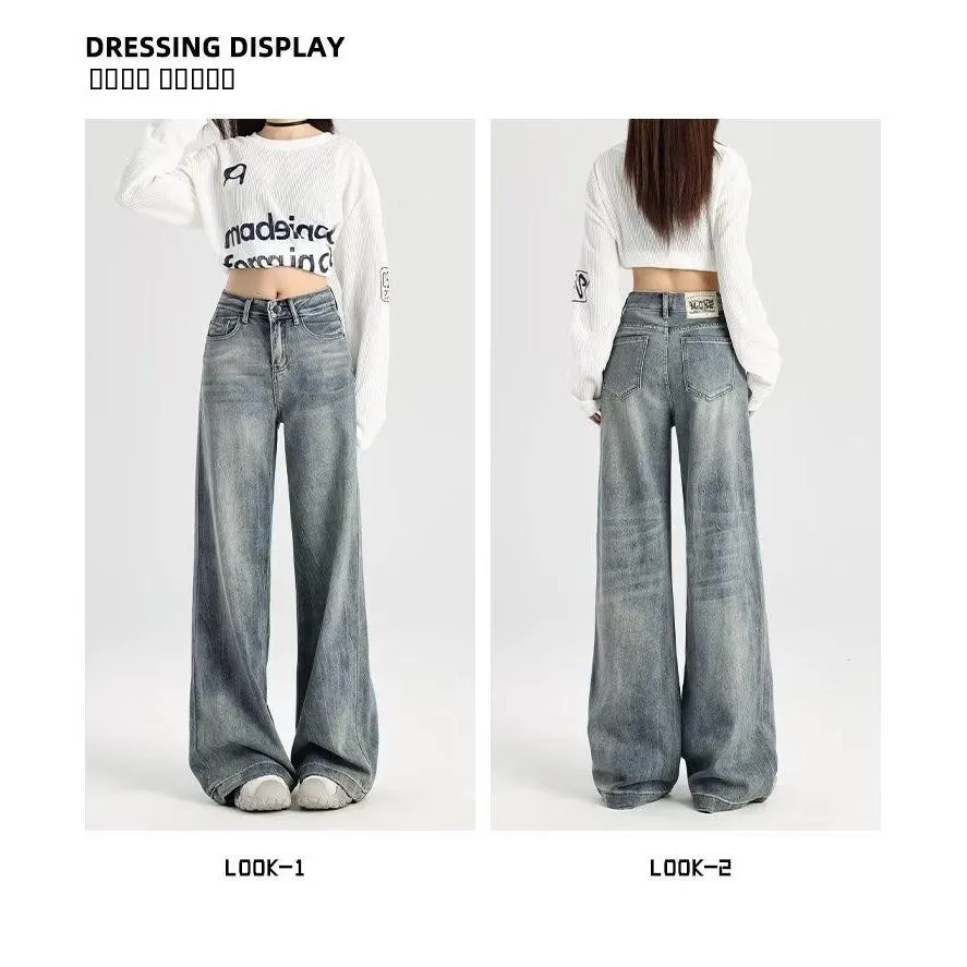 

American Sle Vintage High Waist Wide Leg Jeans Women's Autumn Winter Loose Dra Lazy Sle Floor Length Pants