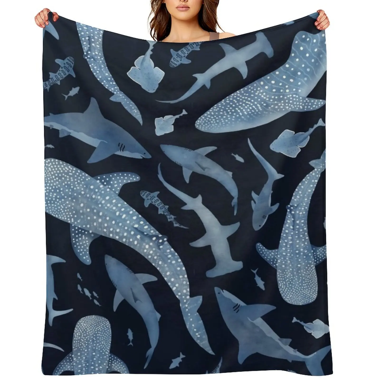 

Monochrome blue watercolour shark ocean on black Throw Blanket Thermals For Travel Polar decorative Warm Blankets