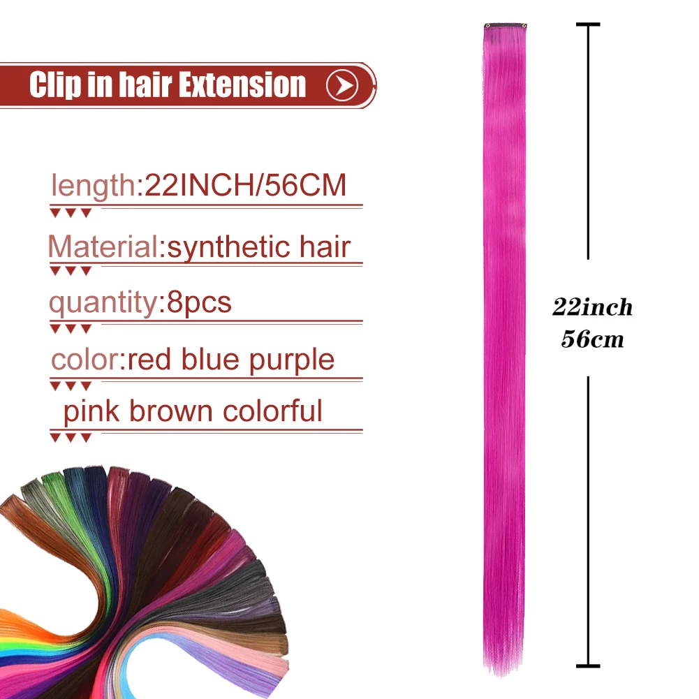 Extensiones de cabello de colores, postizos de arcoíris, 22 pulgadas, Resaltadores de fiesta multicolores, Clip en extensiones de cabello sintético, 8 unids/lote por paquete