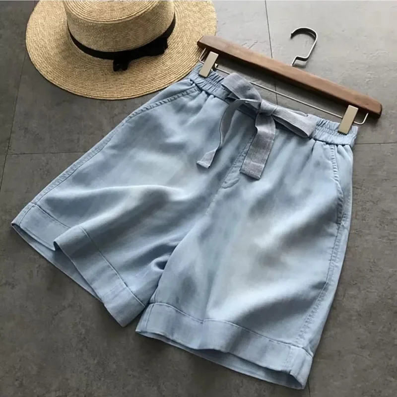 2024 Summer New Arts Style Women Elastic Waist Bow Design Loose Denim Shorts All-matched Casual Light Blue hot Pants V376