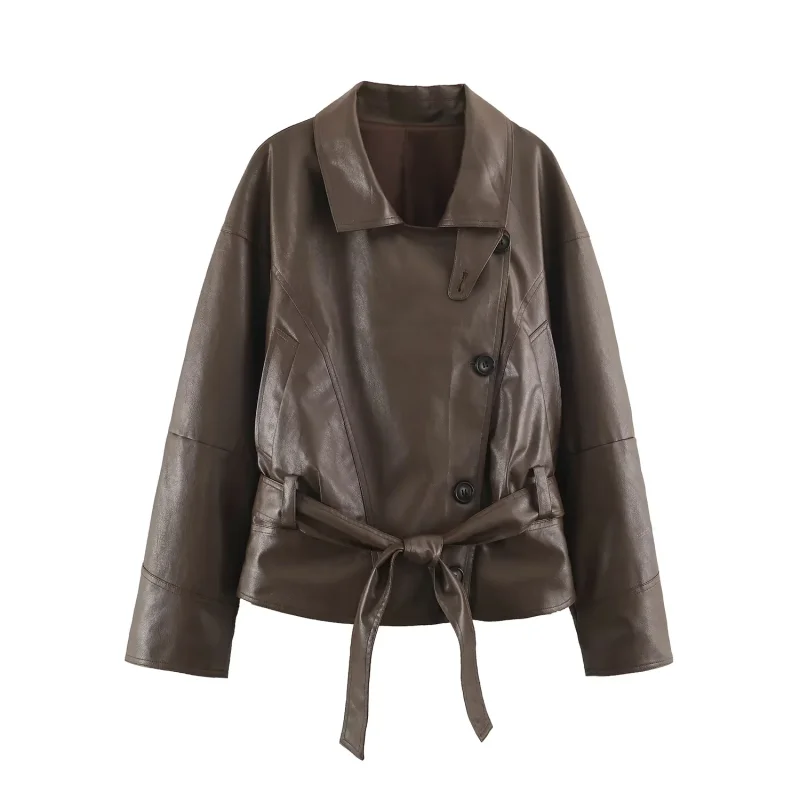 2026 Women Winter New Arrival Short Leather Jacket With Lapel Collar Vintage Long Sleeve Waist Tie Fashion Streetwear Outerwear
