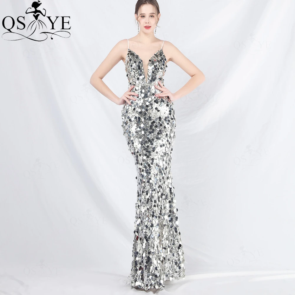 

QSYYE Silver Evening Dresses 2024 Sequined Mermaid V Neck Evening Gown Big Sequin Spaghetti Straps Silver Formal Party Dress