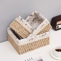 Handwoven Storage Box Rattan Storage Baskets with Lid Wicker Desktop Sundries Cosmetics Organizer Clothes Snack Toys Storage Box