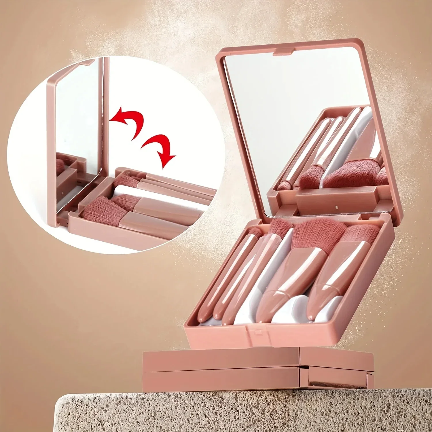 ชุดแปรงแต่งหน้า 5 ชิ้นพร้อมกล่องกระจก แปรงแต่งหน้าสำหรับเดินทาง แปรงแต่งหน้ามินิอเนกประสงค์แบบพกพา ชุดแปรงแต่งหน้าแปรงปัดแป้ง